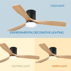Noctis Ventilador de Techo con Luz LED Regulable, Motor DC 40W, Aspas de Madera Natural y Cuerpo ABS Negro, 6 Velocidades Silenciosas
