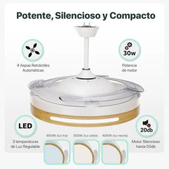 Zephyr Ventilador de Techo con Luz LED, Aspas Retráctiles de 42 Pulgadas, Motor DC 66W, 6 Velocidades y Función Reversible