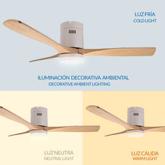 Céfiro Ventilador de Techo con Luz LED Regulable, Motor DC Silencioso, Aspas de Madera Natural 132 cm, Mando a Distancia