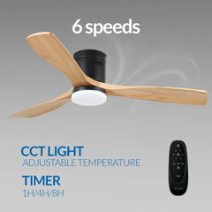 Noctis Ventilador de Techo con Luz LED Regulable, Motor DC 40W, Aspas de Madera Natural y Cuerpo ABS Negro, 6 Velocidades Silenciosas