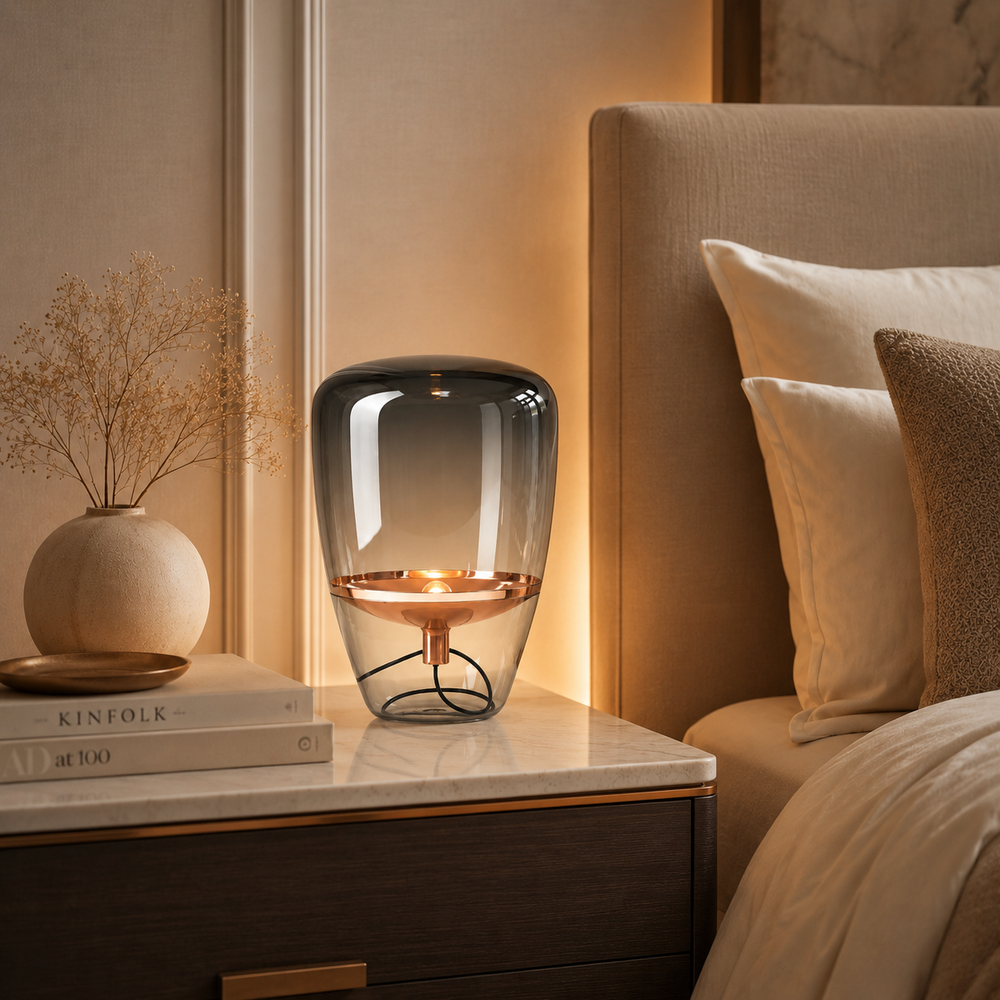 Bruma Lámpara de Mesa LED con Cúpula de Cristal Soplado y Detalle Metálico oro rosas 3