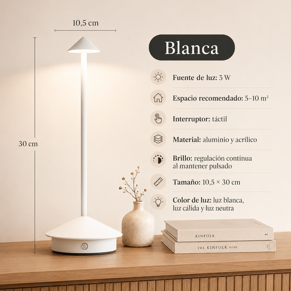 Cima - Lámpara de Mesa Inalámbrica Recargable - Luz Cálida Regulable y Brillo Ambiental 360° blanco 2