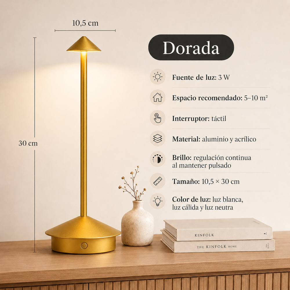 Cima - Lámpara de Mesa Inalámbrica Recargable - Luz Cálida Regulable y Brillo Ambiental 360° dorada