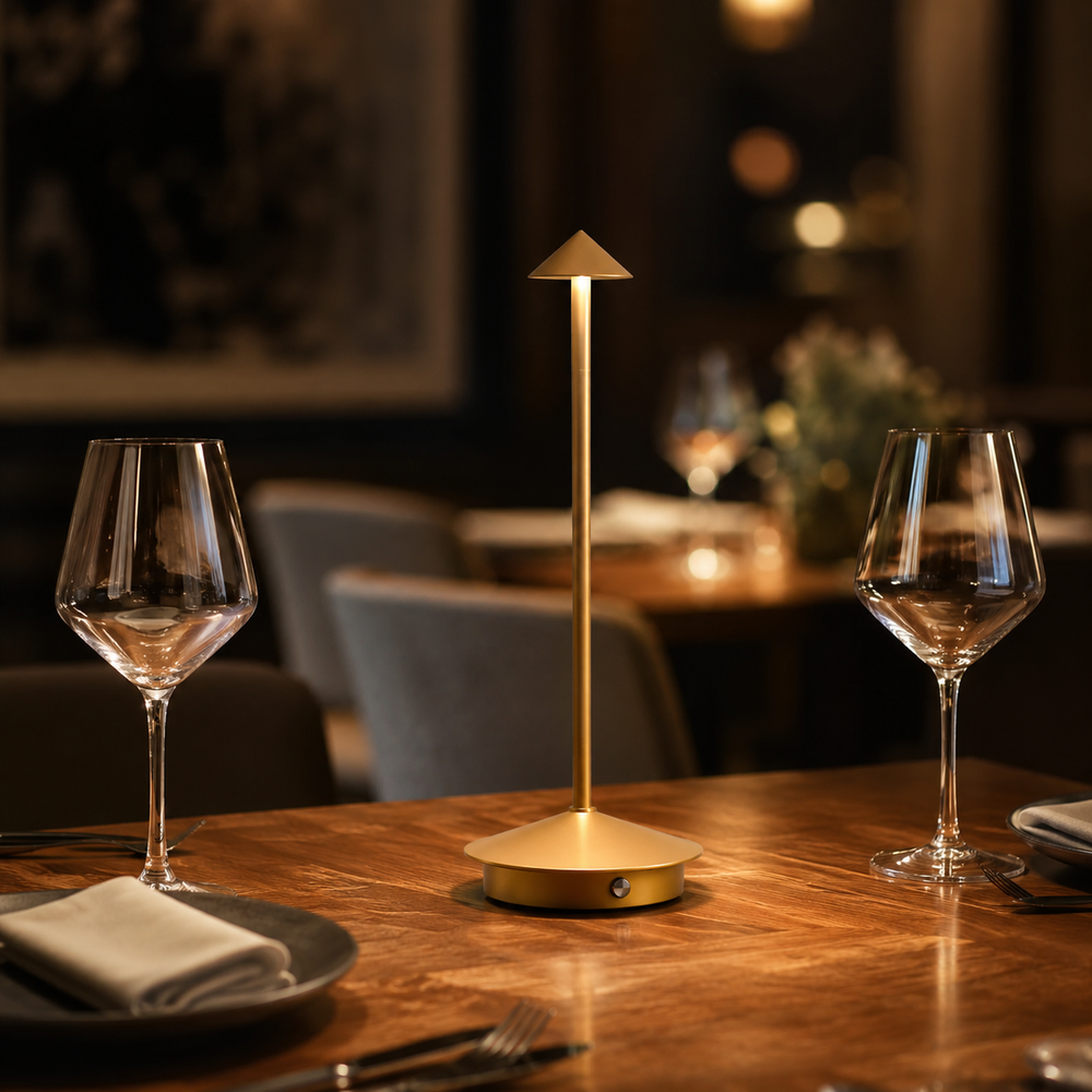 Cima - Lámpara de Mesa Inalámbrica Recargable - Luz Cálida Regulable y Brillo Ambiental 360° restaurante