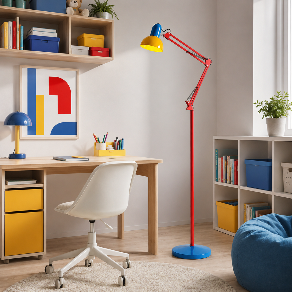 Cromo Lámpara de pie ajustable de brazo articulado estilo arquitecto, multicolor (azul, rojo y amarillo) 4