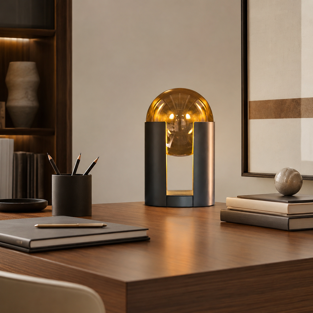 Lumbre Lámpara de Mesa con Cúpula de Cristal Ámbar y Base Cilíndrica Negra 4