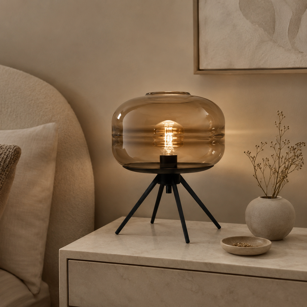 Saturno Lámpara de Mesa LED con Cúpula de Cristal Tintado y Trípode Metálico gris 4