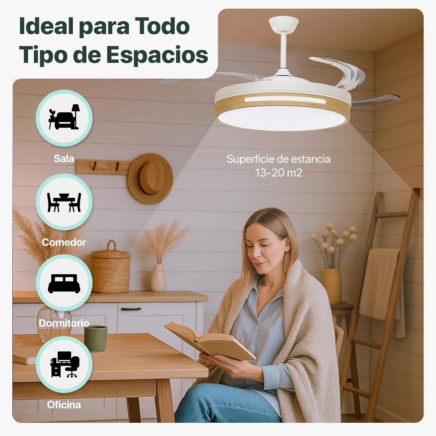 Zephyr Ventilador de Techo con Luz LED, Aspas Retráctiles de 42 Pulgadas, Motor DC 66W, 6 Velocidades y Función Reversible