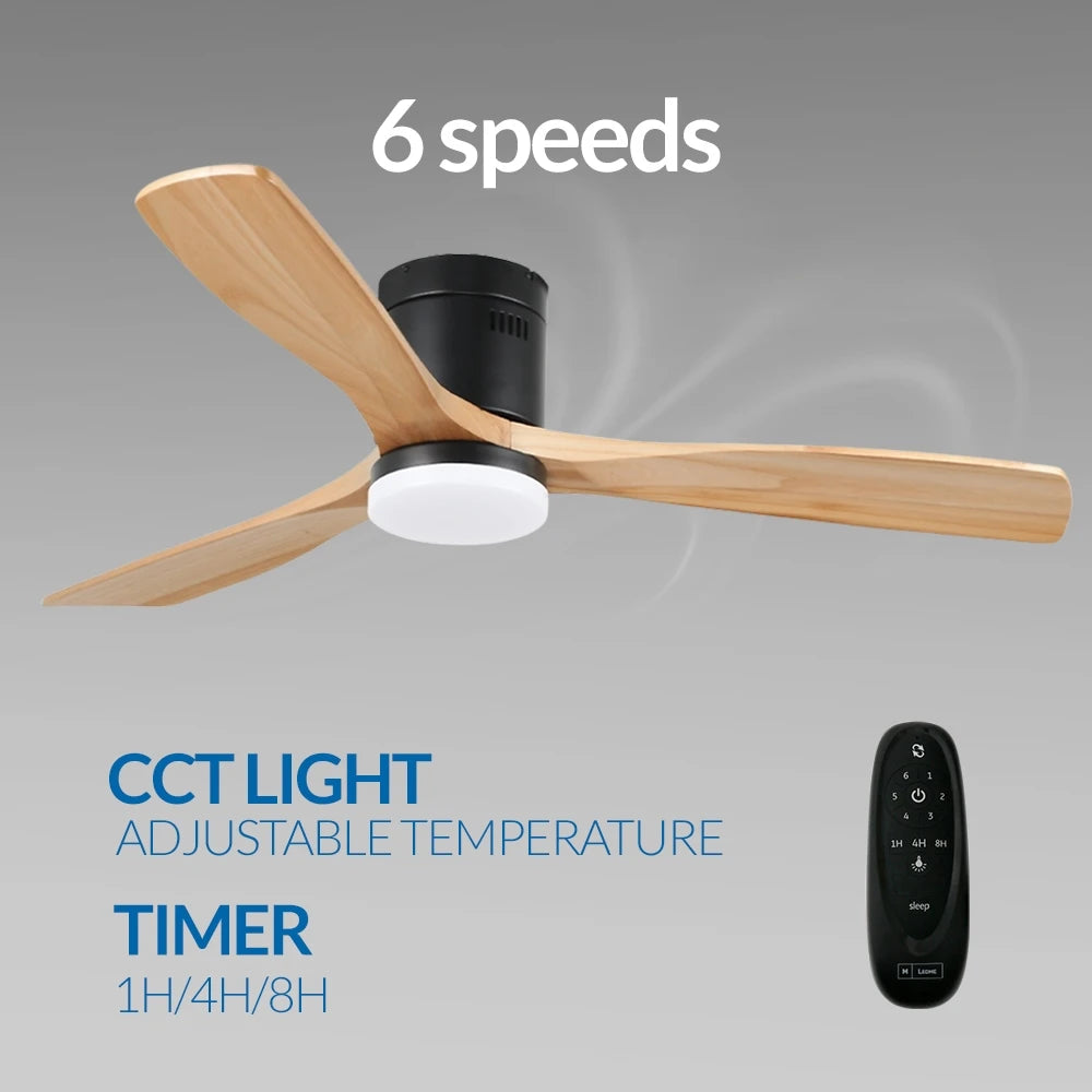 Noctis Ventilador de Techo con Luz LED Regulable, Motor DC 40W, Aspas de Madera Natural y Cuerpo ABS Negro, 6 Velocidades Silenciosas
