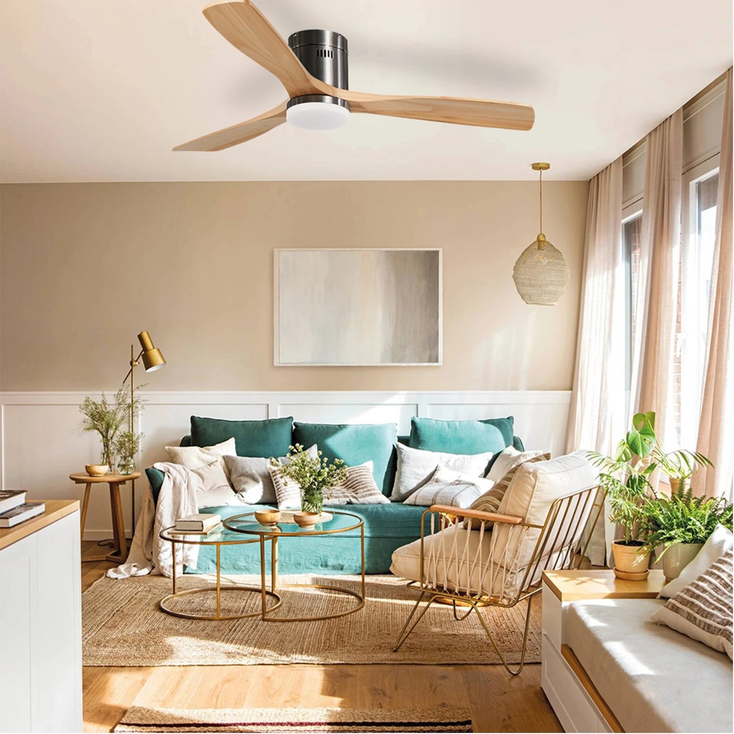 Austro Ventilador de Techo con Luz LED Regulable, Motor DC 40W, Apto para Exterior, 3 Aspas de Madera y Mando a Distancia