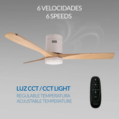 Céfiro Ventilador de Techo con Luz LED Regulable, Motor DC Silencioso, Aspas de Madera Natural 132 cm, Mando a Distancia