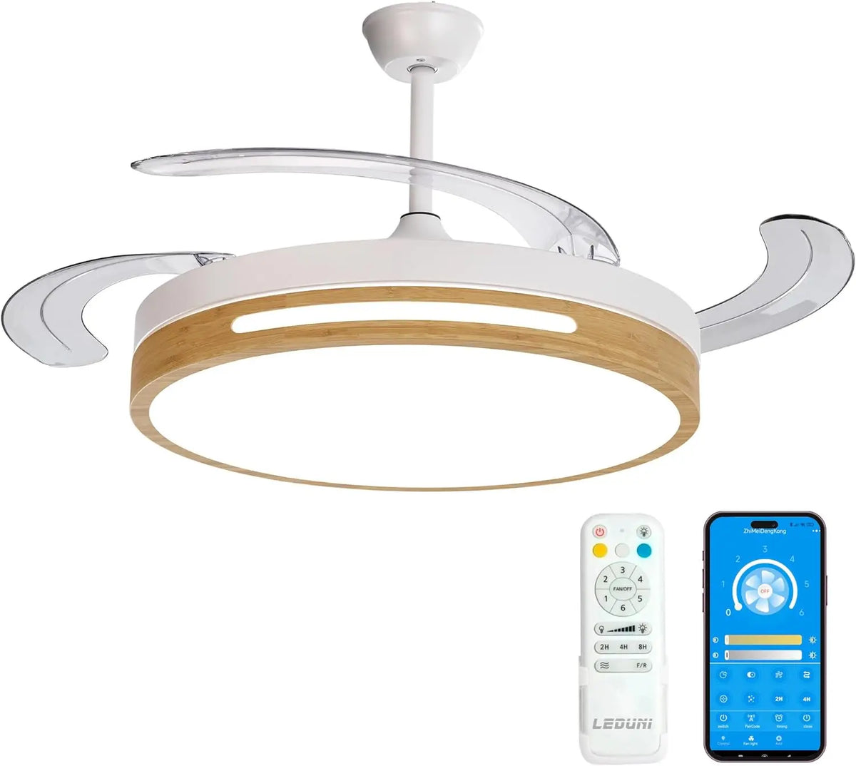 Zephyr Ventilador de Techo con Luz LED, Aspas Retráctiles de 42 Pulgadas, Motor DC 66W, 6 Velocidades y Función Reversible