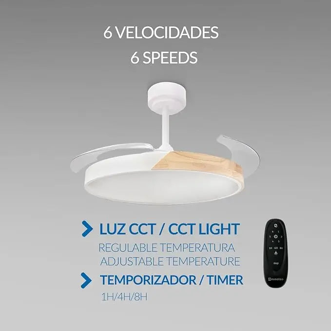 Lumen Ventilador de Techo con Luz LED Regulable, Aspas Retráctiles Invisibles, Motor DC y Temperatura de Color Ajustable 3000K-4000K-6000K