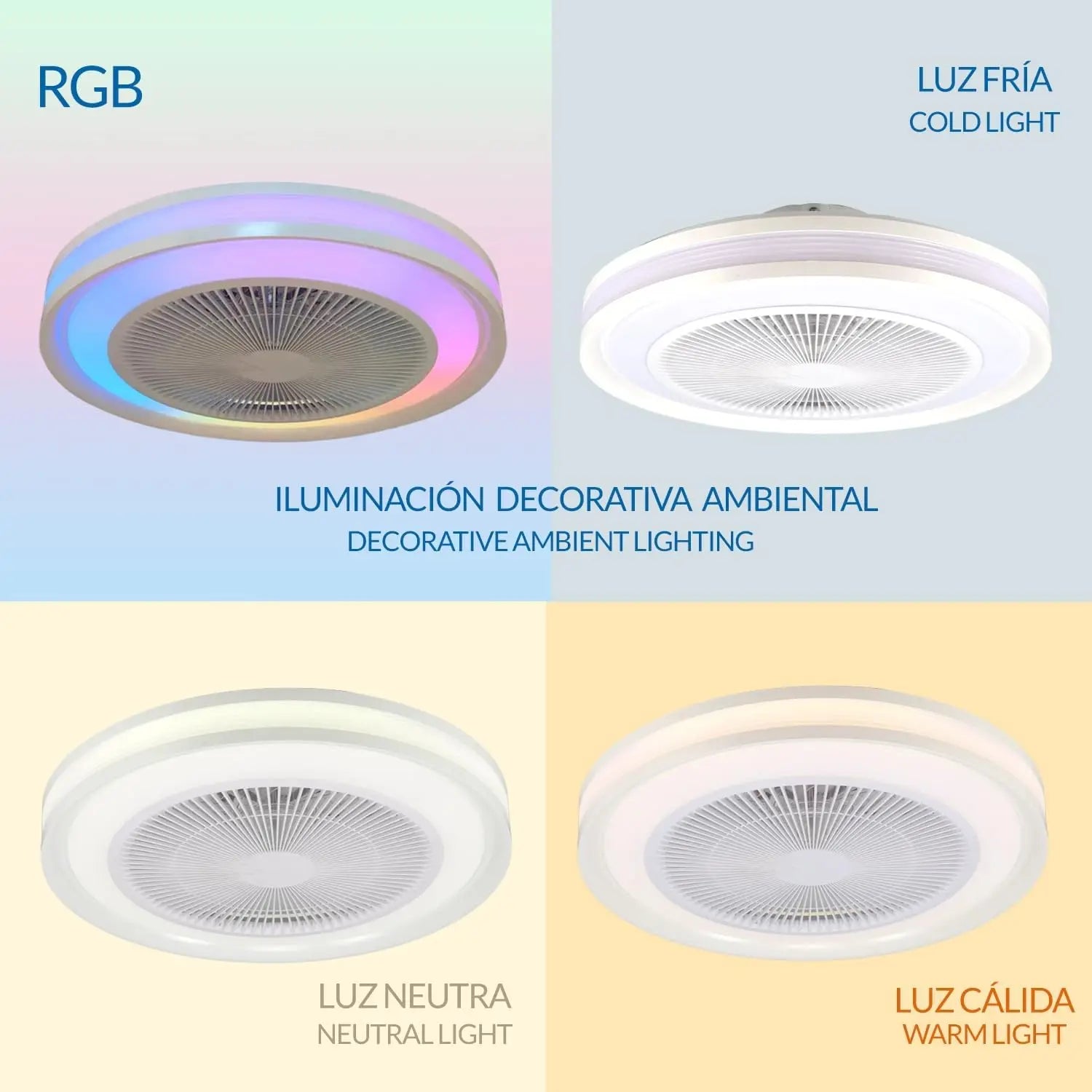 Prisma Ventilador de Techo con Luz LED RGB Regulable, Motor DC 36W, 5 Aspas y 6 Velocidades Ajustables con Mando a Distancia