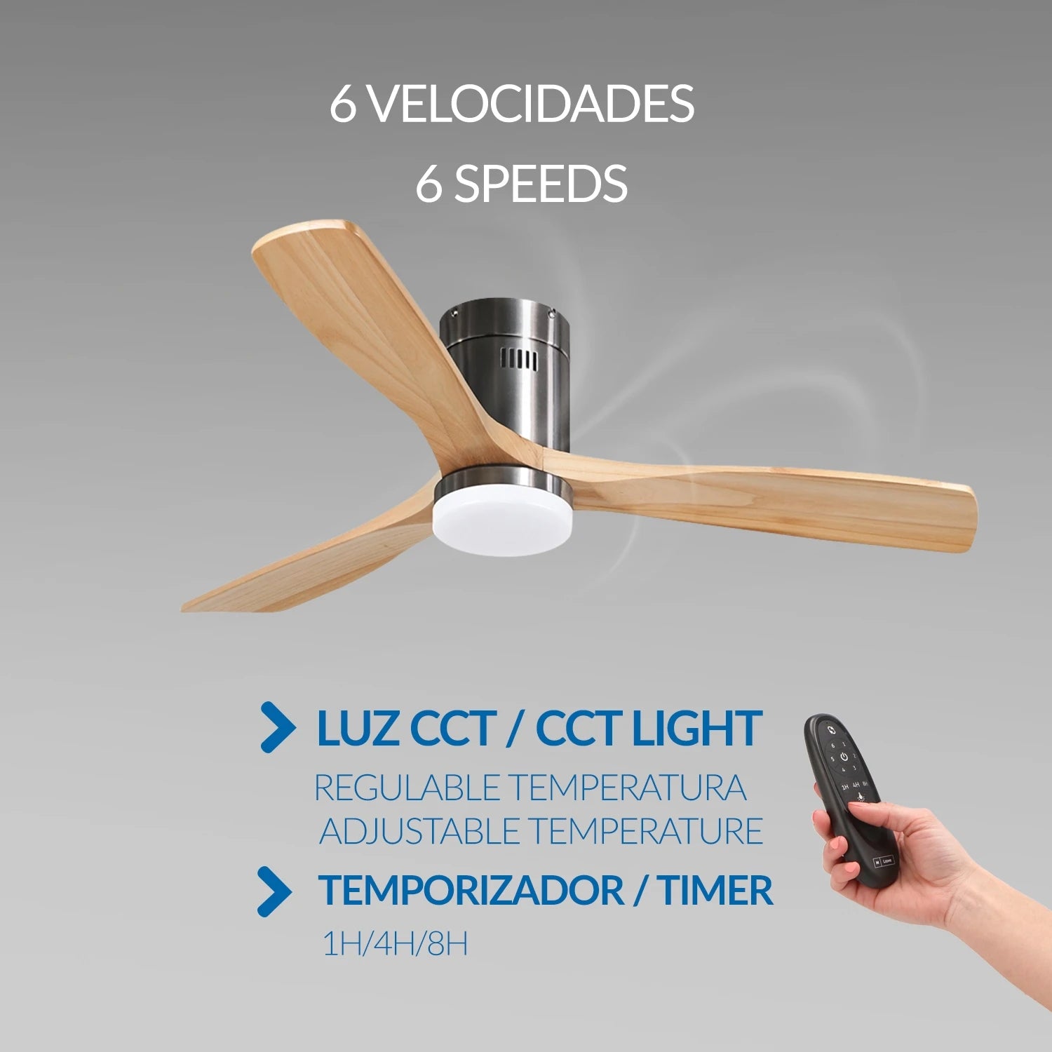 Austro Ventilador de Techo con Luz LED Regulable, Motor DC 40W, Apto para Exterior, 3 Aspas de Madera y Mando a Distancia