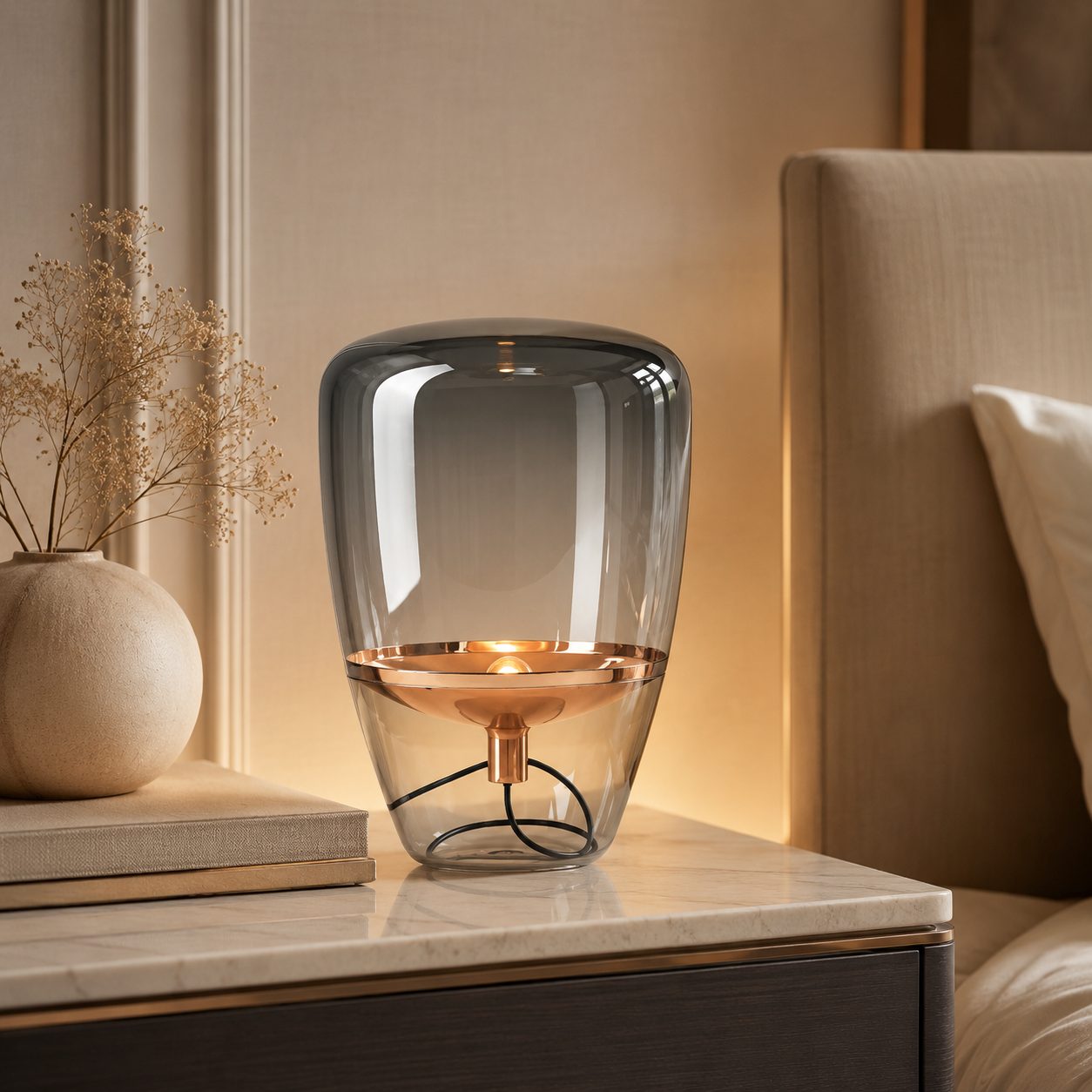 Bruma Lámpara de Mesa LED con Cúpula de Cristal Soplado y Detalle Metálico oro rosas 2