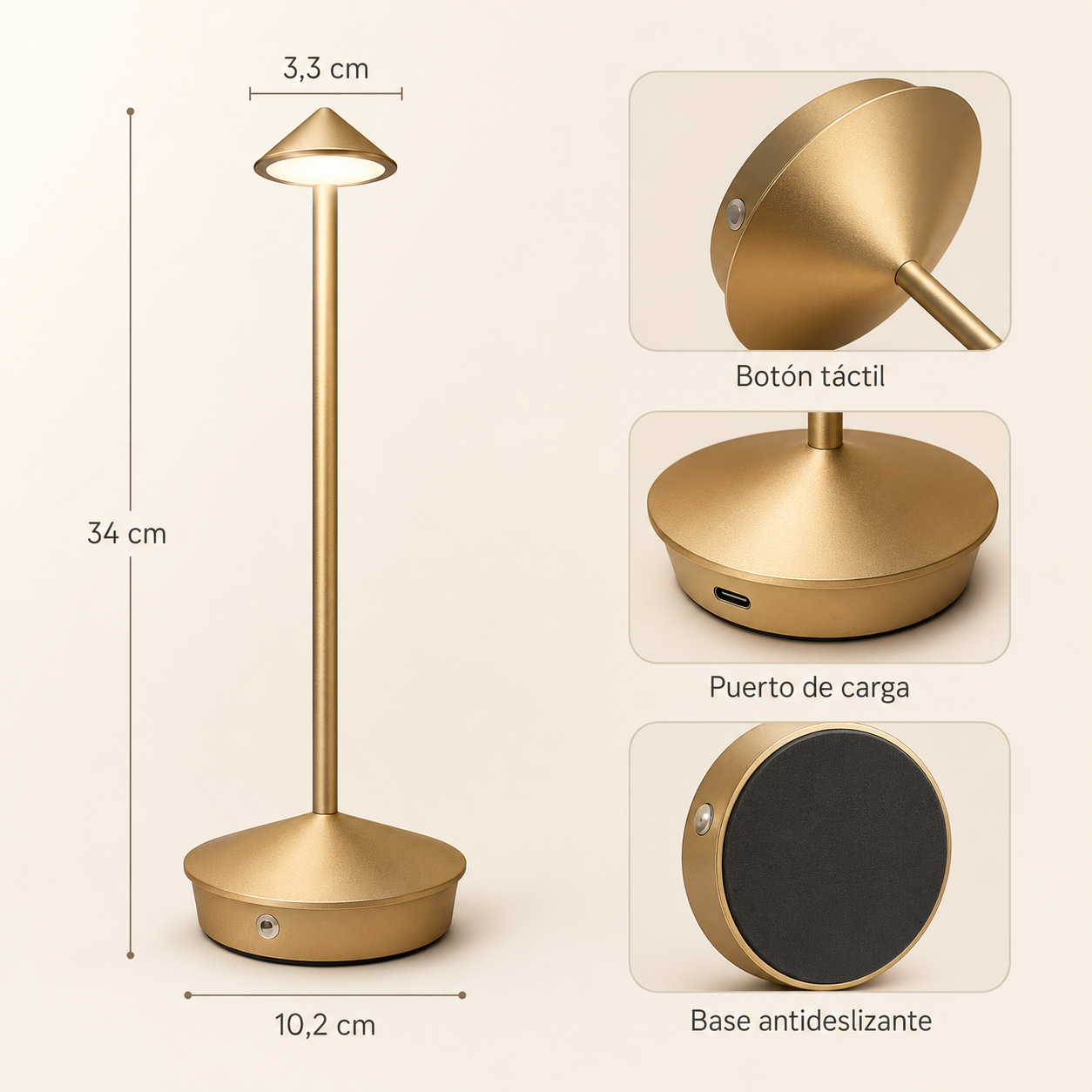 Cima - Lámpara de Mesa Inalámbrica Recargable - Luz Cálida Regulable y Brillo Ambiental 360° dimensions