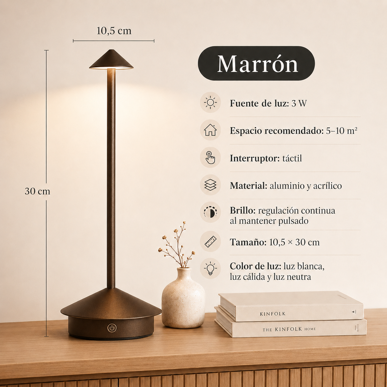 Cima - Lámpara de Mesa Inalámbrica Recargable - Luz Cálida Regulable y Brillo Ambiental 360° marron 2