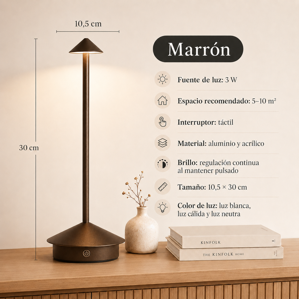 Cima - Lámpara de Mesa Inalámbrica Recargable - Luz Cálida Regulable y Brillo Ambiental 360° marron 2
