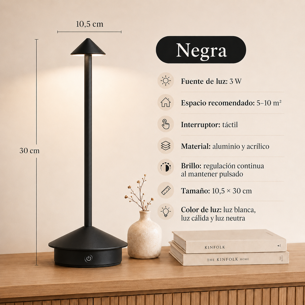 Cima - Lámpara de Mesa Inalámbrica Recargable - Luz Cálida Regulable y Brillo Ambiental 360° negra 2