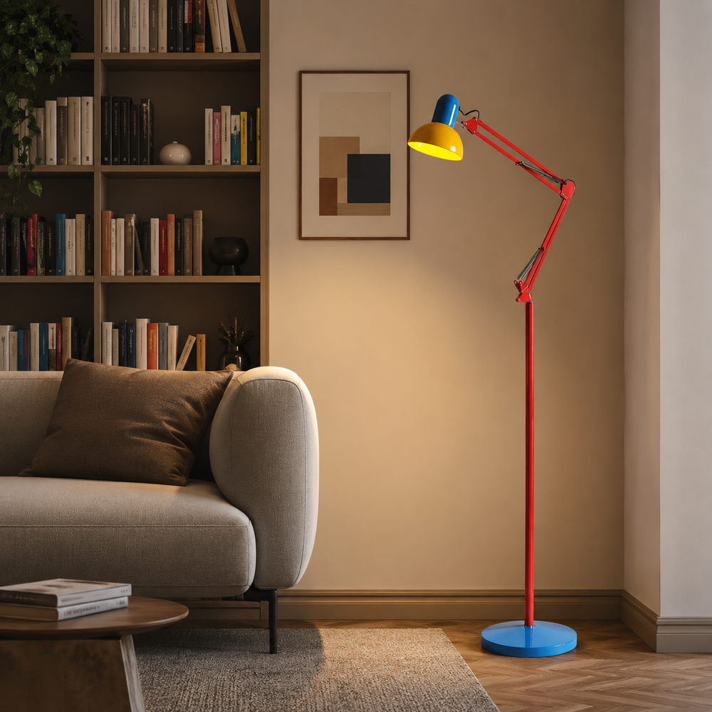 Cromo Lámpara de pie ajustable de brazo articulado estilo arquitecto, multicolor (azul, rojo y amarillo) 7