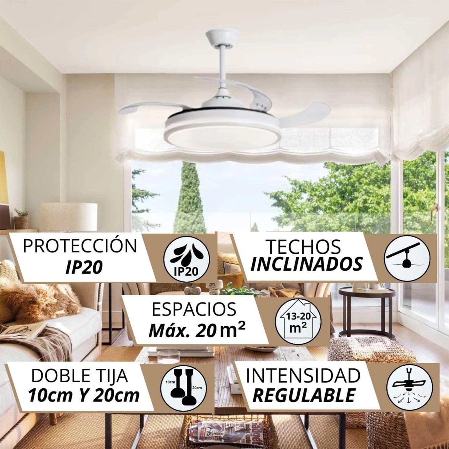 Halo Ventilador de Techo con Luz LED Regulable, Aspas Retráctiles Invisibles, 6 Velocidades Silenciosas y Función Reversible