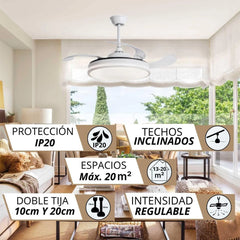 Halo Ventilador de Techo con Luz LED Regulable, Aspas Retráctiles Invisibles, 6 Velocidades Silenciosas y Función Reversible
