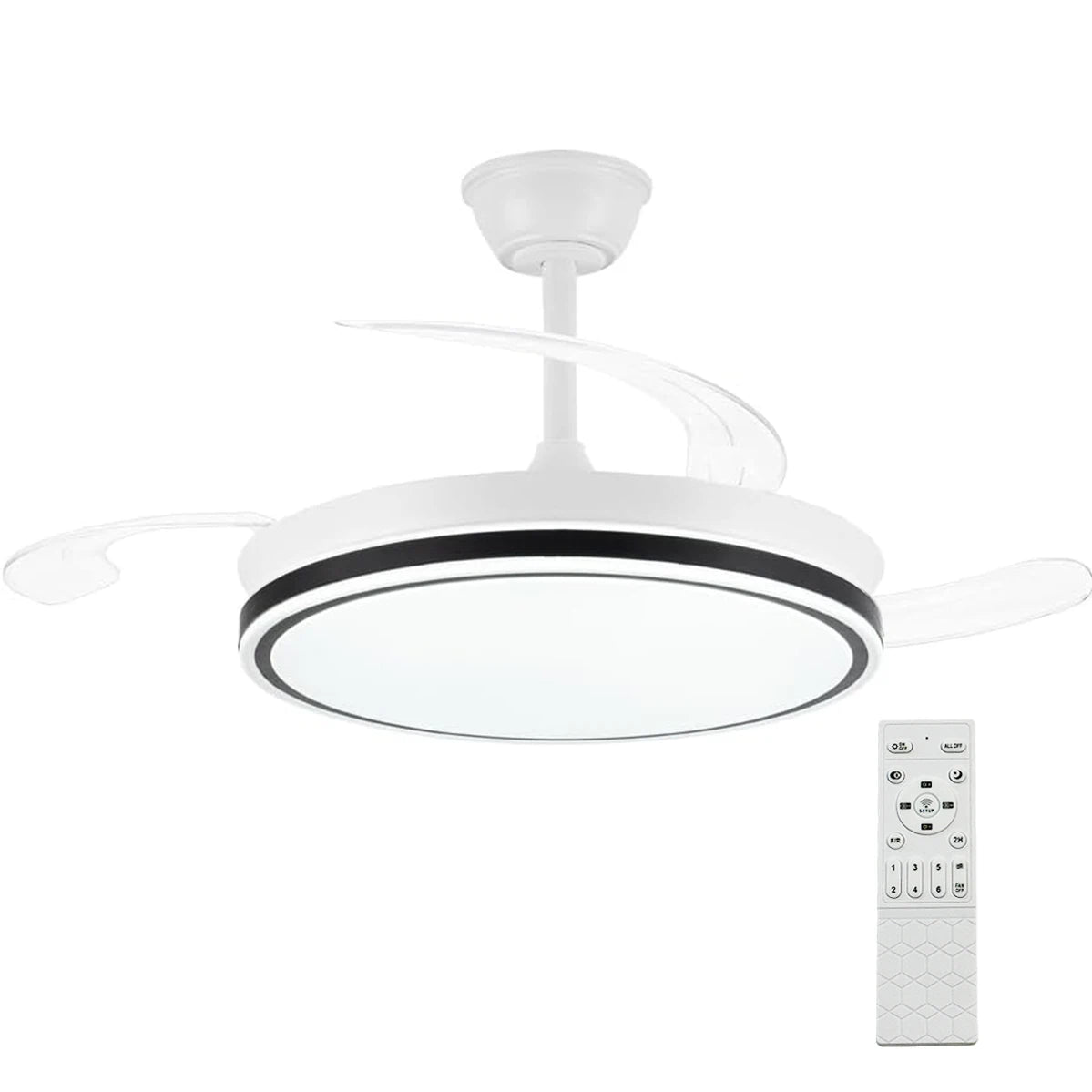 Halo Ventilador de Techo con Luz LED Regulable, Aspas Retráctiles Invisibles, 6 Velocidades Silenciosas y Función Reversible