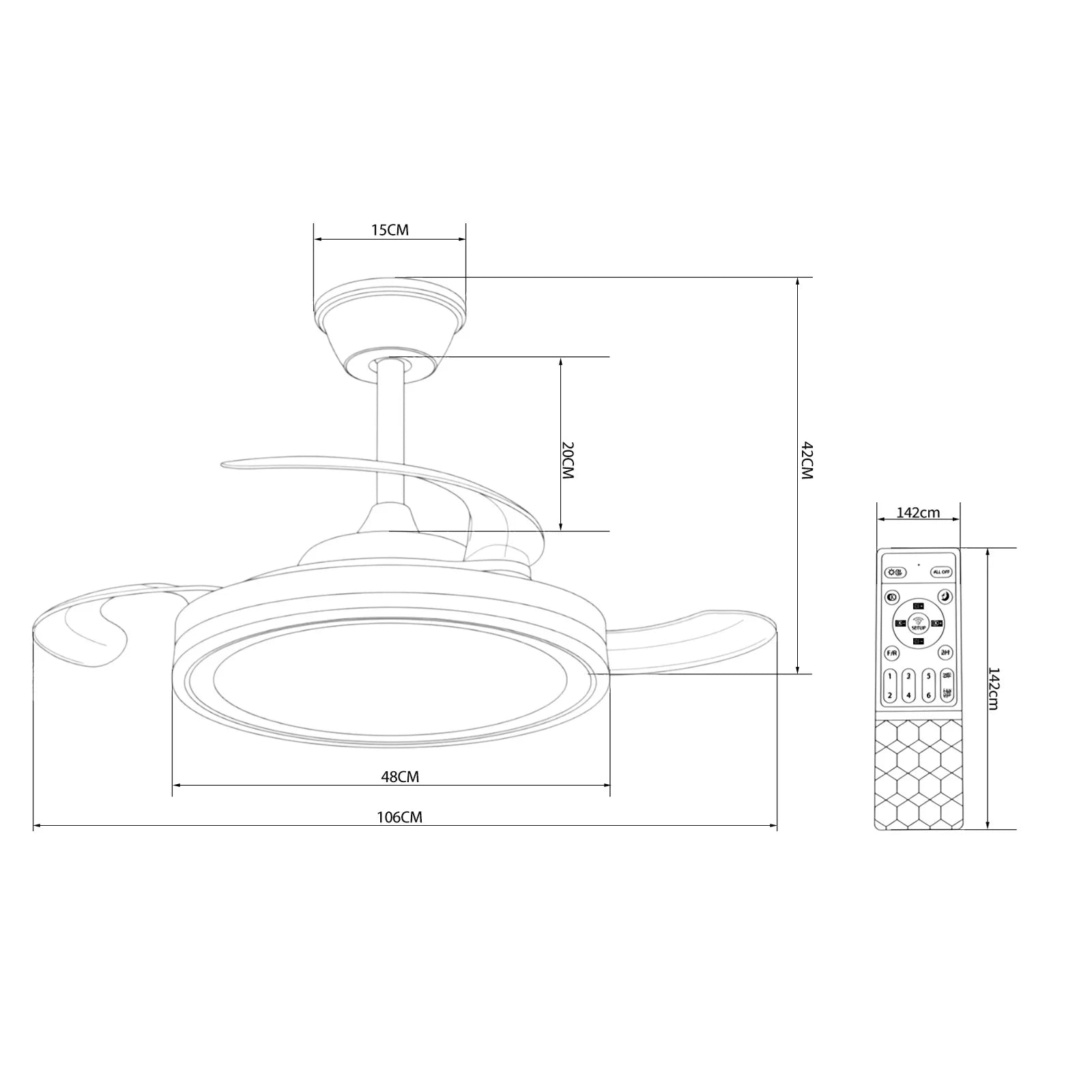 Halo Ventilador de Techo con Luz LED Regulable, Aspas Retráctiles Invisibles, 6 Velocidades Silenciosas y Función Reversible