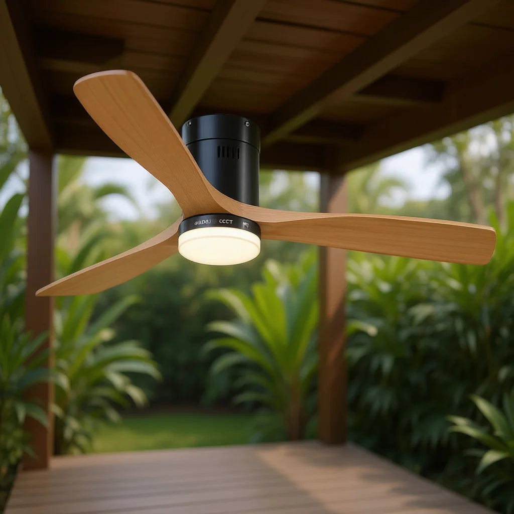 Austro Ventilador de Techo con Luz LED Regulable, Motor DC 40W, Apto para Exterior, 3 Aspas de Madera y Mando a Distancia