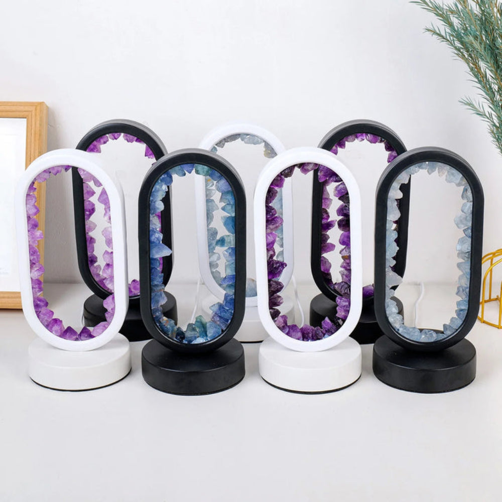 AuraStone - Lámpara LED con marco de cristal y piedras preciosas naturales