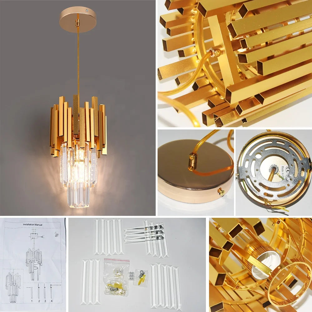 Lámparas colgantes Lux de cristal con estructura dorada y casquillo E27 en primer plano