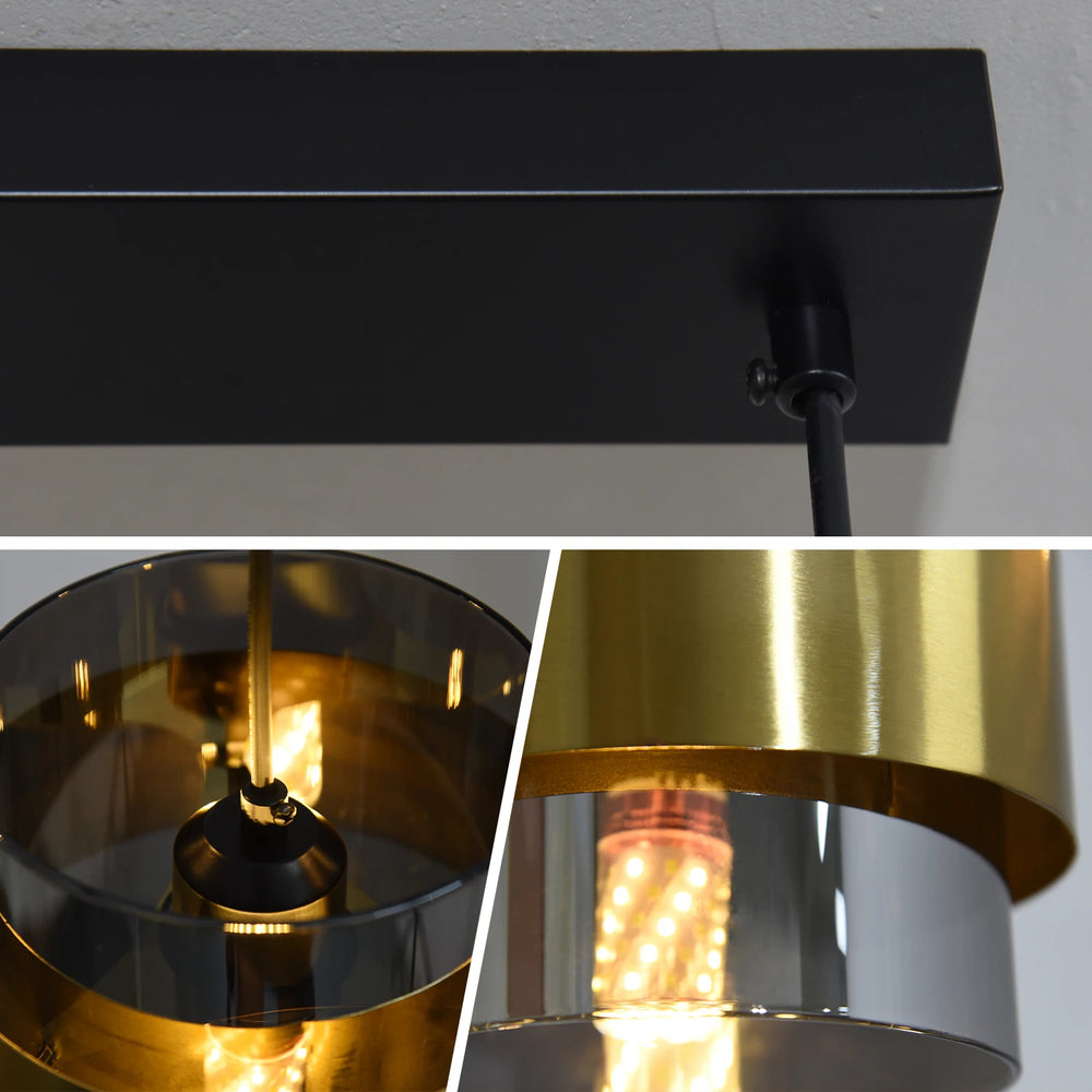 Lámparas colgantes nórdicas Trio de 3 luces detalle de las pantallas de cristal y estructura negra