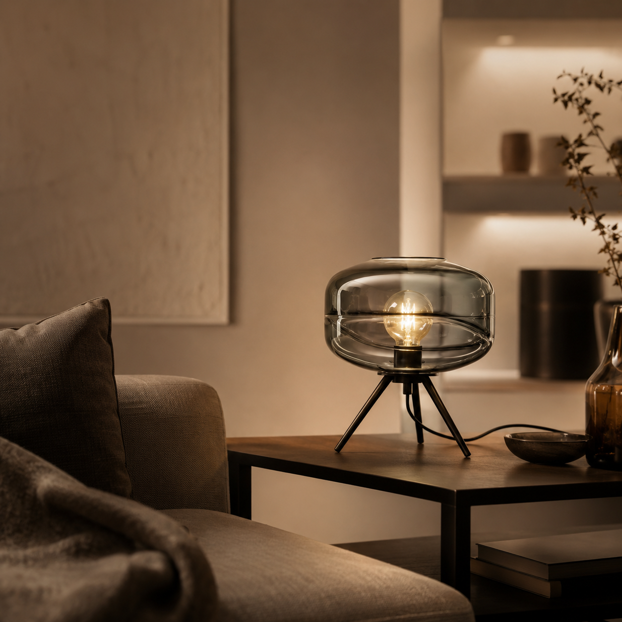 Saturno Lámpara de Mesa LED con Cúpula de Cristal Tintado y Trípode Metálico gris
