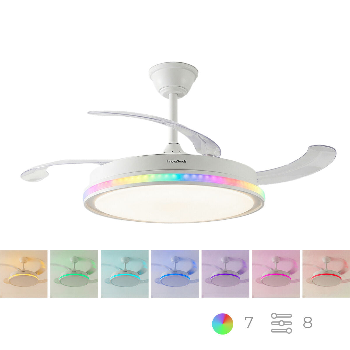 Lumara Ventilador de techo con luz LED RGB, 4 aspas retráctiles y mando a distancia